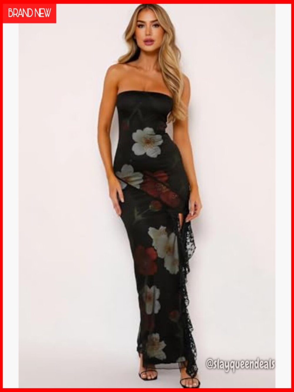 Strapless Tube Maxi Dress with High Split and Lace Trim Bodycon Fit - Picture 2 of 7